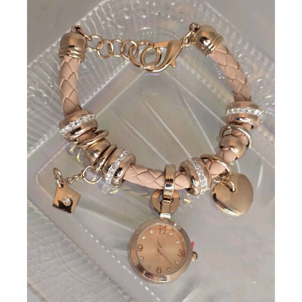 Y2K Rose Gold Charm Bracelet Watch Rhinestone Faux Leather Wrap Bracelet #1029
